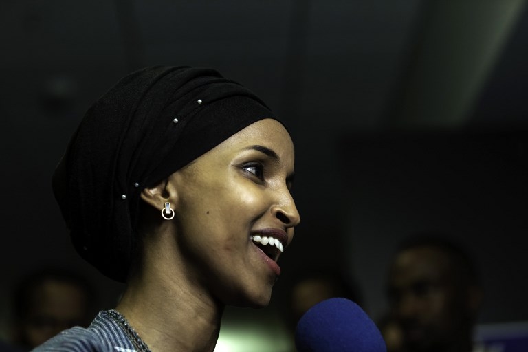 Ilhan Omar newly elected to the US House of Representatives on the Democratic ticket speaks to the press in Minneapolis Minnesota