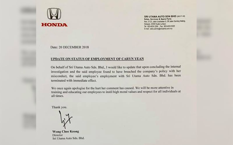 honda sacks employee over