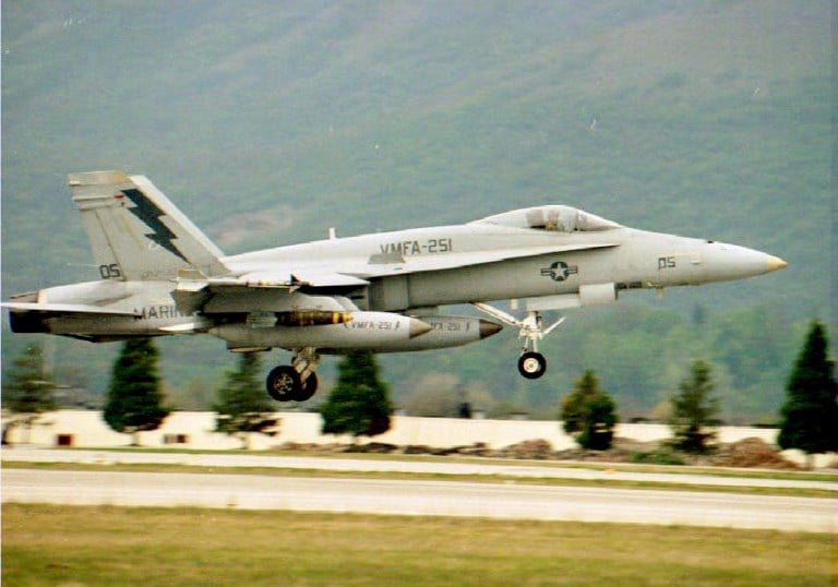 A US Marine Corps F-18 fighter takes off from the NATO military base in Aviano Italy
