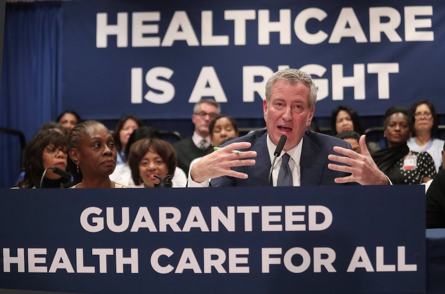 New York City Mayor Bill de Blasio speaks during a news conference at Lincoln Hospital in the Bronx borough of New York City