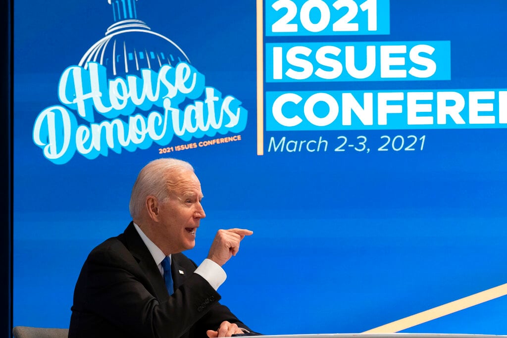President Joe Biden speaks during a virtual meeting with the House Democratic caucus at the White House yesterday