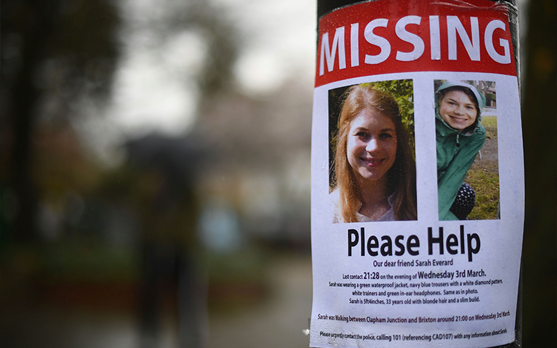 A missing sign is seen in Clapham during the search for Sarah Everard in March