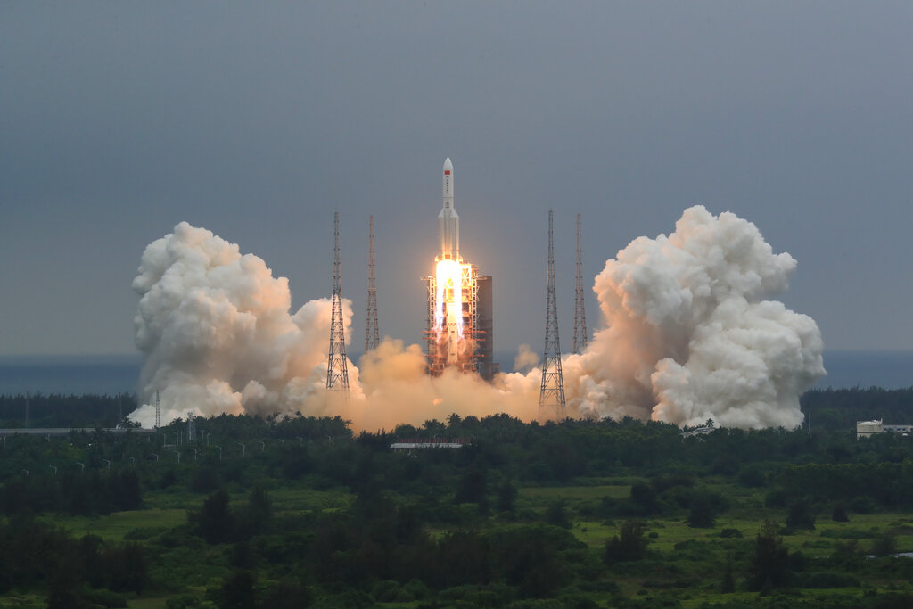The Long March 5B rocket lifts off from the Wenchang Spacecraft Launch Site on April 29